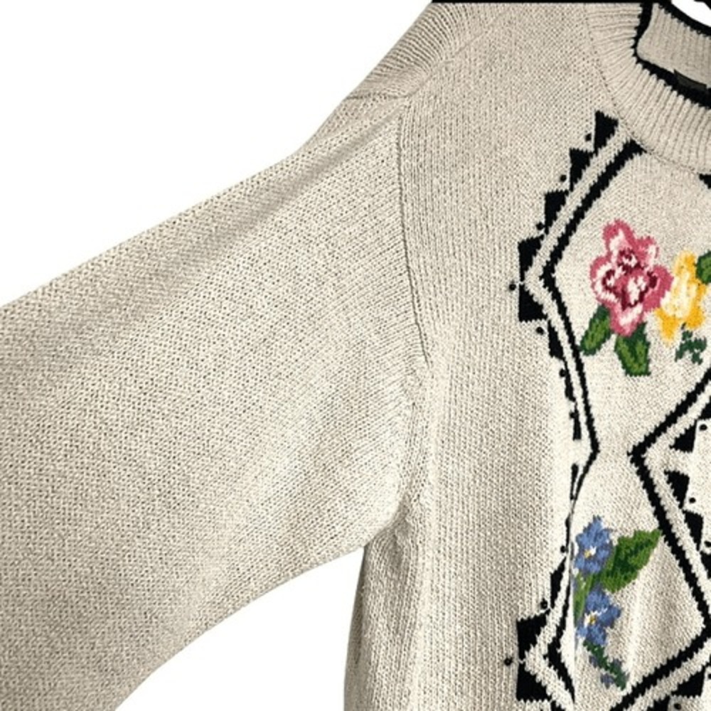 Vintage 90s LIZ WEAR Sweater Medium Multicolor Pullover Floral Linen Blend Knit - Picture 5 of 10